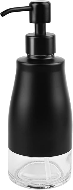 Soap Dispenser Clear Glass Liner Stainless Steel Case and Pump with Labels Washing up Liquid Dispenser for Kitchen, Bathroom Black