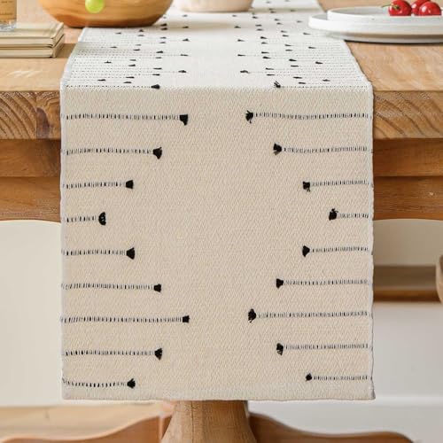 Avalune Camino de Mesa Boho Negro Beige Moderno Otoño Algodón Tejido Vintage Estilo Granja Mantel Estrecho Lavable Camino de Mesa para Boda Fiesta Decoración de Jardín Doméstico 30x180 cm