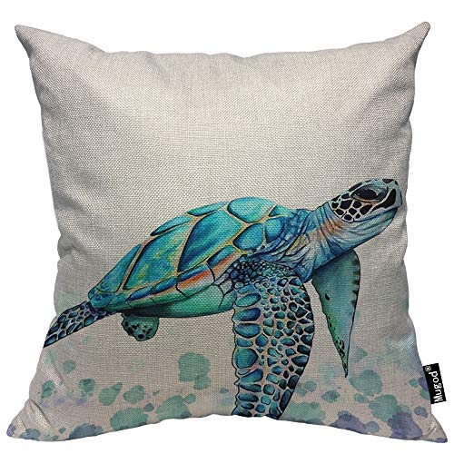 Mugod Sea Turtle Throw Pillow Watercolor Turtle Swim in The Sea Black Eyes Turquoise Cotton Linen Square Cushion Cover Standard Pillowcase 18x18 Inch for Home Decorative Bedroom/Living Room/Car