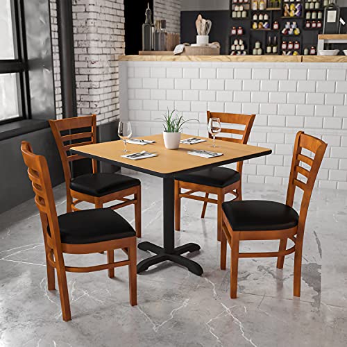 Image of Flash Furniture HERCULES Series Ladder Back Cherry Wood Restaurant Chair - Black Vinyl Seat