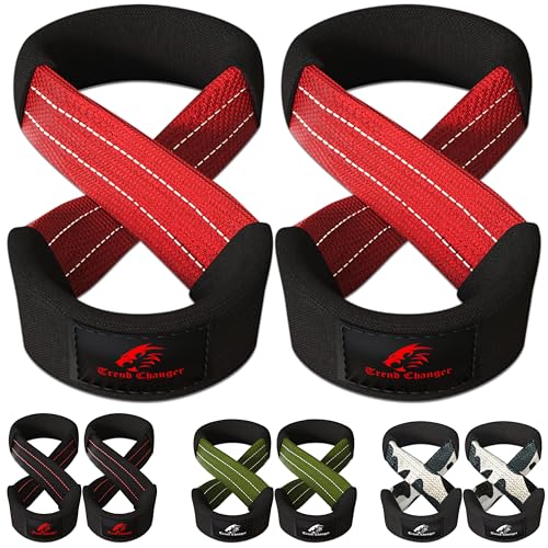 Trend Changer Figure 8 Lifting Straps Padded Deadlift Straps Heavy Duty Weight Lifting Straps Strongman Axle Bar Straps Weightlifting Wrist Wraps (Medium (Upto 8.0 Wrist Circumference) Red White)