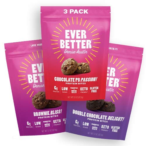 EVER BETTER Protein Bites by Denise Austin - 3-Flavor Variety Pack - Low Sugar Gluten Free Keto Snacks - Gut-Friendly Probiotics for Immune Health - Delicious Low Carb Cookies - Keto Friendly Food