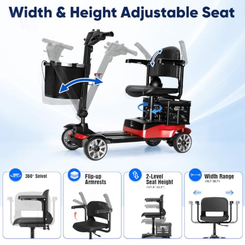 Image of 4 Wheels Motorized Scooter for Seniors& Rotating Seat & 15 Miles Range | 350LBS Capacity& 350W Powerful Moto& LED Light& Double Baskets& Auto Brake-Red