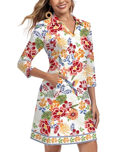 Image of WOWENY 3 /4 Sleeve Dress for Women with Pockets V Neck UPF 50+ Casual Sun Dress Breathable Quick Dry Beach Vacation