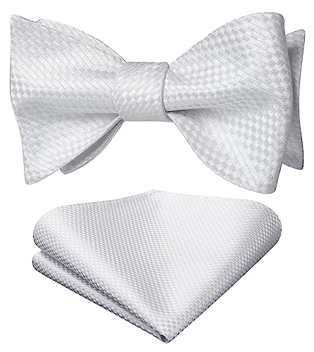 HISDERN Self Tie Bowtie for Men Polka Dot White Bow Tie and Pocket Square Set Classic Formal Business Tuxedo Bowties Handkerchief for Wedding Party