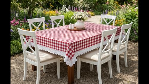 Image of Amazon Brand - Umi Cotton Tablecloth for 6-8 Seater Dining Table, Red and White Gingham Check Rectangular Table Cover with Lace Trim 4 Corners, Classic Picnic Farmhouse Style Washable Table Linen