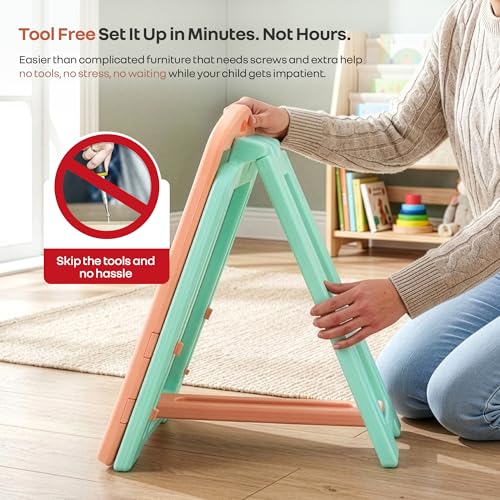 Image of R for Rabbit Little Genius Doodle Whiteboard for Kids Drawing Activity Board Rounded Corner Design Foldable 7-Level Adjustable Height & Handy Storage Tray for 3-7 Years Kids (Peach Green)