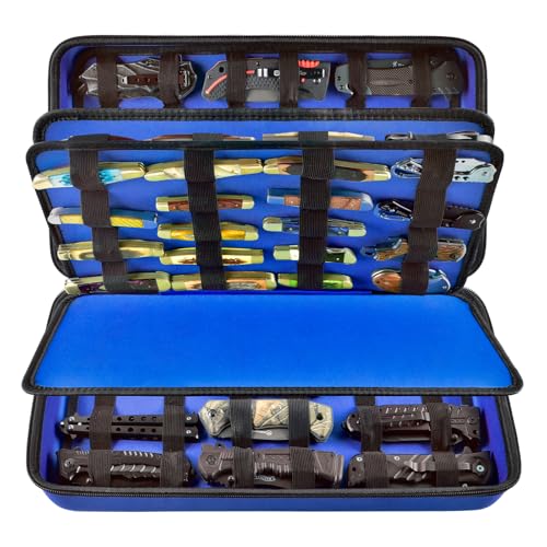 Image of GWCASE Display Case for 66+ Pocket Knives. Folding Holder, Butterfly Storage Organizer, Roll Collection Pouch Carrier Bag for Survival Tactical Outdoor for EDC Mini Knife -Blue