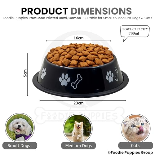 Image of Foodie Puppies Stainless Steel Dog Bowl Combo - (Medium, 700ml) Food and Water Feeding Gift Bowl | Suitable for Dogs, Cats and Other Pets I Paw Bone Print, Anti-Skid Rubber Base (Black + Purple)