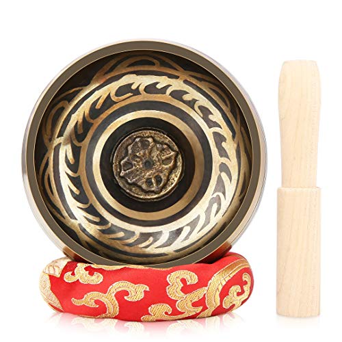 Klangschalen-Set, 10,2 cm, handgehämmert, tibetische Klangschale, ideal für Meditation, Yoga, Klangbad, Achtsamkeit, Entspannungskissen, Holzhammer und Trommelstock im Lieferumfang enthalten