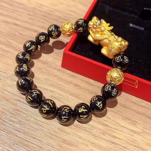 Image of Feng Shui Pixiu Bracelet, Black Obsidian Beaded Bracelet for Men Women