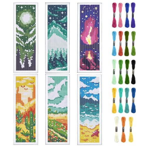 Image of INFUNLY 6PCS Landscape Cross Stitch Bookmark Kit for Adults Mountain Cross Stitch Kits DIY Crossstitch Kits Natural Scenery Stamped Embroidery Bookmark Kit with Instructions for Book Lovers Readers