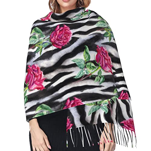 Tiger Striped Rose Scarf With Tassel For Women Large Warm Shawls Wraps Cashmere Scarves Blanket For Fall Winter 27 * 77 Inches2