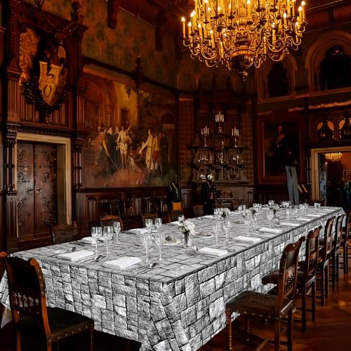 Image of party greeting Brick Stone Wall Tablecloth Roll Disposable Stone Wrapping Plastic Table Cover Castle Backdrop for Halloween Western Birthday Medieval Party Decoration Favors Supplies 200FT x 51 Inch