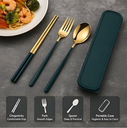 Image of 3 Piece Premium Gold Stainless Steel Chopsticks Fork Spoon Set with Travel Case Non-Slip Dinnerware Cutlery Set Tableware Set for Gift (Gold Green)
