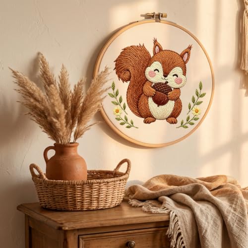 Image of Nuberlic Embroidery Kit for Beginners Stamped Squirrel Needlepoint | Stamped Animal Embroidery Starter Kit for Adults Complete Cross Stitch Kit Home Decor, Gifts And Relaxing Art