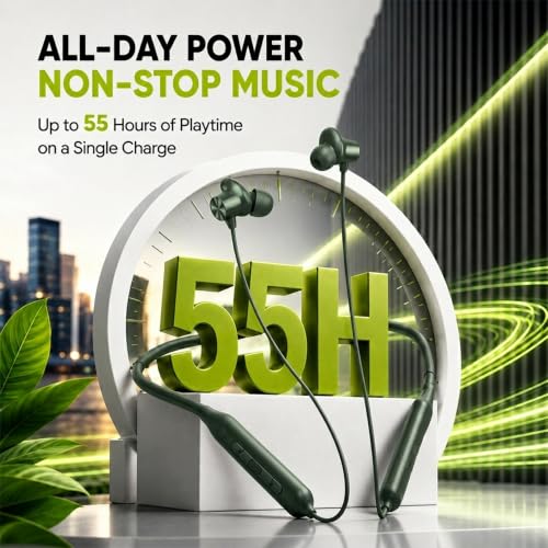 Image of Kratos N4 Bluetooth Neckband with 55H Playtime, Deep Bass, Stereo Sound, HD Calls, Magnetic Earbuds, Type-C Fast Charging, Rich Audio, Hollow Switch for Comfort & Style (Green)