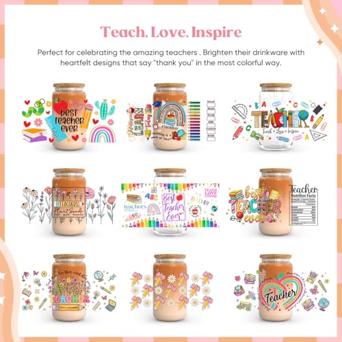 Image of Kaciola 9 Sheets UV DTF Cup Wraps for 16 oz- Teacher Theme UV DTF Stickers, 1 Sheet Mysterious Pattern Transfer, Rub on Transfers Stickers for 16 oz Libbey Glasses Crafting