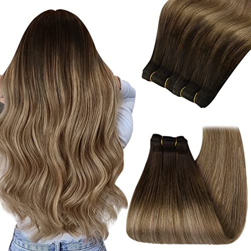 Image of YoungSee Sew in Human Hair Extensions Balayage Hand Tied Weft Hair Extensions Human Hair Sew in Extensions Chocolate Brown with Light Mix Golden Brown Balayage Straight Hair Bundle 16Inch 100G