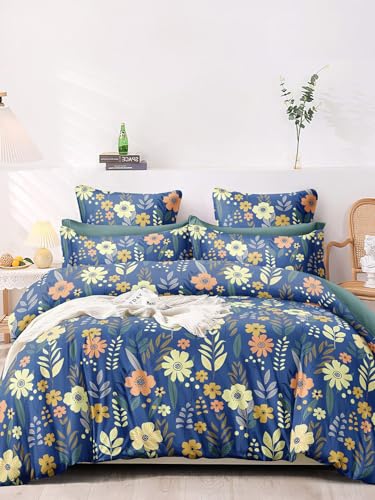 LOOMLYFE 300 TC Microfiber XXL Soft Cotton Super King Size Bedsheet for Double Bed, King Size 108 Inches X 108 Inches, 9 Feet, 275 X 275 cm with 2 Large Size Pillow Covers - BlueOrangeFlowers