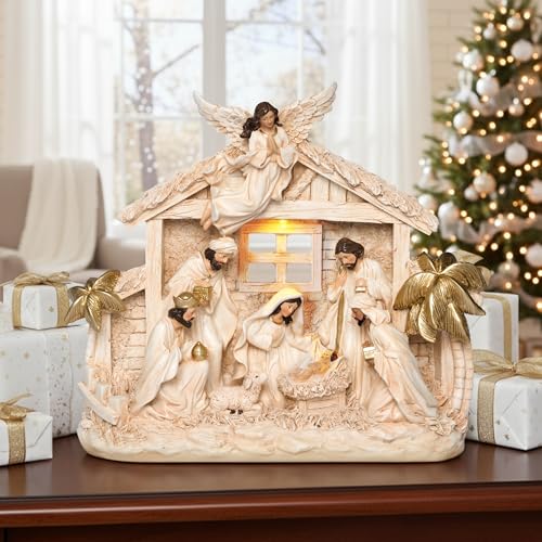 YeehaWhoo Nativity Sets for Christmas Figurine Decorations Indoor, 12.5 Inch Large Lighted Resin Manger for Nativity Scene Jesus Religious Holidays Home Tabletop Xmas Decor Collection Gifts (White) - Thumbnail 2