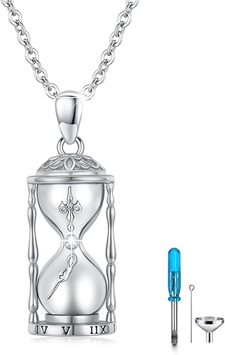XIXLES Collar de urna de reloj de arena para cenizas de plata de ley S925 con dije de reloj de arena y cremación, recuerdo conmemorativo, collar de