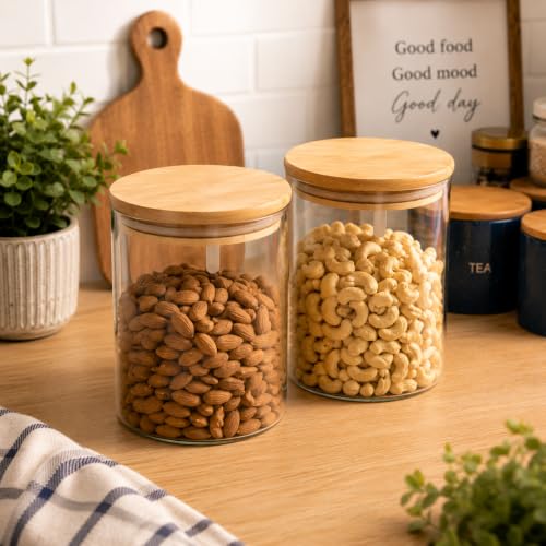 Image of Airtight Glass Storage Jar with Bamboo Lid, 1000ml | Borosilicate Multipurpose Kitchen Container for Coffee, Tea, Sugar, Spices, Dry Fruits & Snacks | Pantry Organizer (Pack of 2)