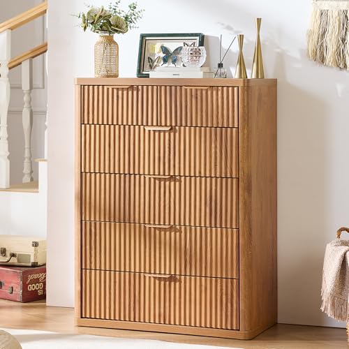 Image of LEYAOYAO Fluted 6 Drawers Dresser for Bedroom, 42 inch Tall Modern Chest of Drawers with Metal Handle, Curved Profile Design,Wood Drawer Organizer for Bedroom, Living Room, Hallway, Brown