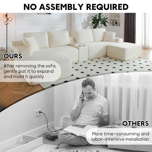 Image of 125 Inch Modular Sectional Sofa, Modern Oversized Corduroy Cloud Couch with 2 Ottomans, Cup Holders and USB Ports, U Shape Couch Boneless Couches for Living Room, No Assembly Required, Beige