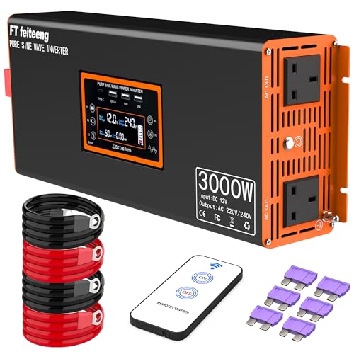 3000W/6000W Power Inverter 12V to 240V AC Pure Sine Wave Inverter Car Inverter DC 12v to AC 240V UK with AC Sockets Dual Car Adapter With LED Display Suitable for Travel RV Camping