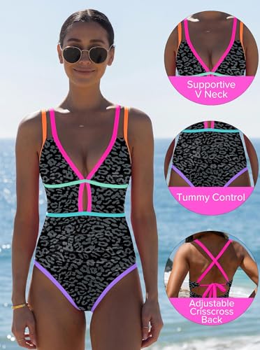 Image of popvil Women One Piece Swimsuit 2026 Tummy Control Sexy Cutout Neon Color Block Bathing Suit Slimming Adjustable Swimwear