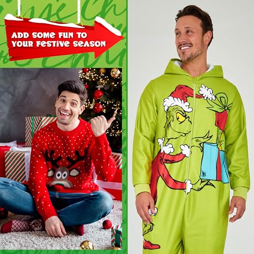 The Grinch Mens One-Piece Pajamas with Hood, Fleece Loungewear - Gifts for Him (Green, L)3