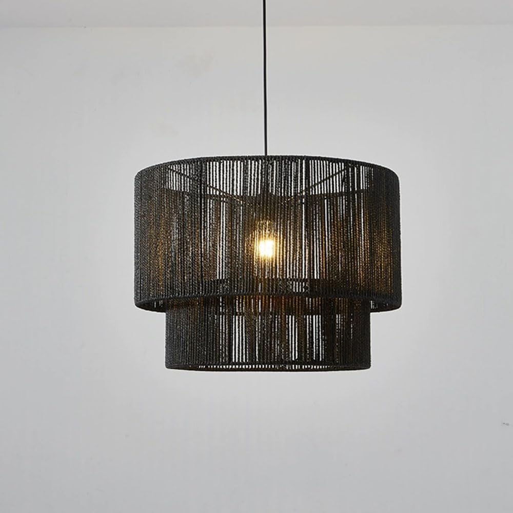 LANTANB Hemp Rope Chandelier 19.7in Art Dome Lamp Fixtures 2-Tiers for Living Room Bedroom Kitchen Island Sunroom Foyer Restaurant Rattan with Metal Pendant Light Fixtures