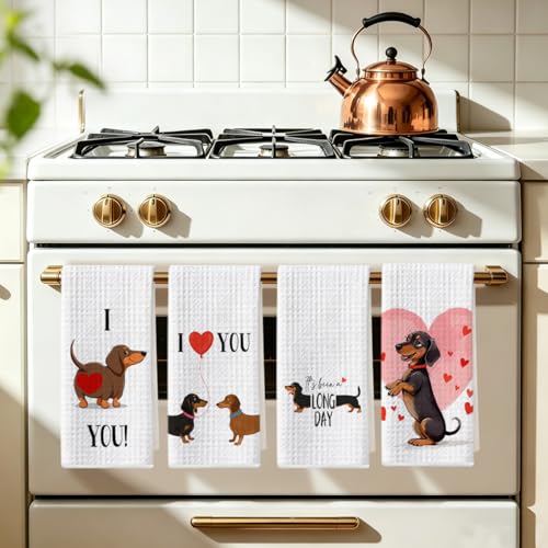 Image of 4 Pcs Dachshund Kitchen Towels 24x14 Inch, Dachshund Gifts Reusable Dish Towels for Kitchen Bathroom Decor, Waffle Weave I Love You Hand Cloth Tea Towel, Cute Dog Valentine's Gifts for Girlfriend Wife