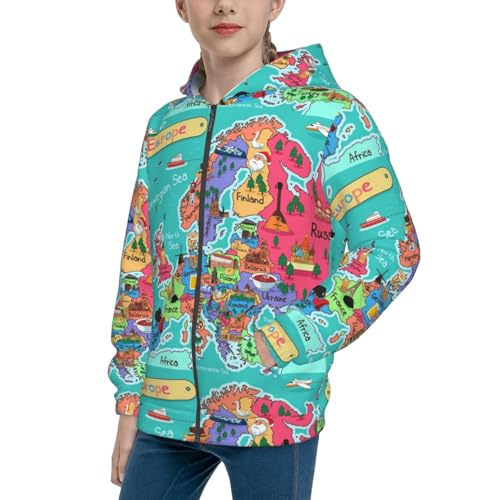 Cartoon Map Of Europe Kids Pullover Hoodies Boys Zip Up Sweatshirts Girls Athletic Clothes with Pocket