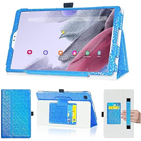 DMLuna Case for Samsung Galaxy Tab A7 Lite 8.7 Inch 2021 (SM-T220 / T225), Folio PU Leather Stand Tablet Cover with Hand Strap Card Slot, Royal Blue Glitter Cover