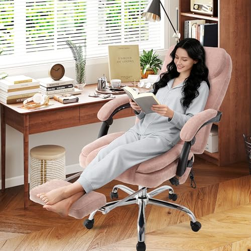 Image of 500LBS Massage Office Chair, 6 Points Vibration & Heat Executive Office Chairs, 135Reclining Comfy Desk Chair with Foot Rest, Wider & Thicker Seat Cushion, Fabric Big and Tall Gaming Chair, Pink
