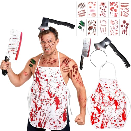Déguisement Boucher Halloween, Costume Boucher Halloween, Bandeau d'horreur d'Halloween avec hache, 30 Tatouage Cicatrices, Tablier Sanglant, Déguisement Horreur Set pour Carnaval Cosplay Fête