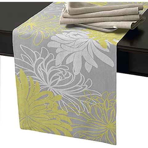 Olivefox Farmhouse Table Runner 13 inchx90 inch, Non-Slip Long Dresser Scarves Floral Chrysanthemum Flowers Yellow and Grey White for Holiday Parties Wedding Dinner Decoration, hst Cover