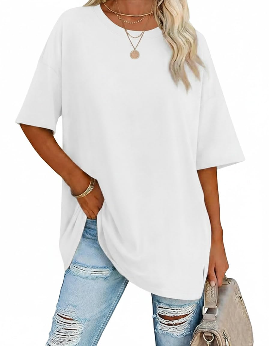 Demegimi Damen T-Shirt Oversize Rundhals Kurzarm Longshirt Sommer Locker Casual Basic Oberteil