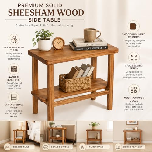 Image of Solid Sheesham Wood Bedside Table with Open Shelf | Minimalist Nightstand for Bedroom & Living Room | Wooden Side Table for Home Decor (Natural Finish)