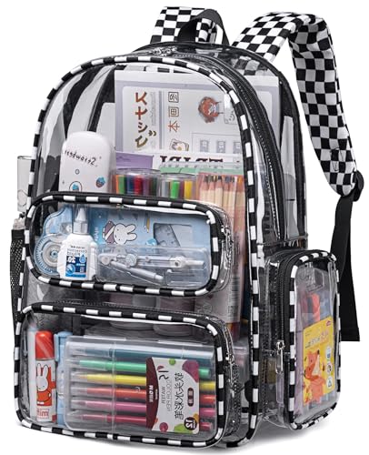 BTOOP Mochila Transparente Resistente, 43 cm, Xadrez Preto e Branco, para Mulheres, Homens, Adultos, Trabalho, Festival, Esportes, Viagens