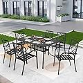 SUNCROWN 7-Piece Outdoor Wrought Iron Chairs and Table Patio Dining Furniture Set - 6 Stackable Metal Chairs, 1 Steel Slat Bistro Table for Garden Backyard Deck