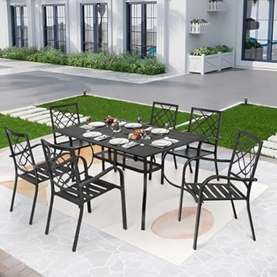 SUNCROWN 7-Piece Outdoor Wrought Iron Chairs and Table Patio Dining Furniture Set - 6 Stackable Metal Chairs, 1 Steel Slat Bistro Table for Garden Backyard Deck