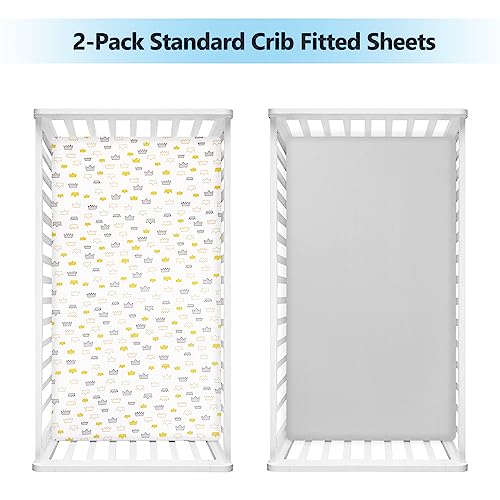 Image of TILLYOU 2 Pack Fitted Crib Sheet Set - 100% Natural Cotton Toddler Bed Mattress Sheets,Standard 28 inchx 52 inch, Gray Crown & Light Gray