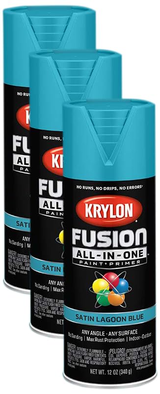 Image of Krylon K02741007 Fusion All-In-One Spray Paint for Indoor /Outdoor Use, Satin Lagoon Blue, 12 Ounce (Pack of 3)
