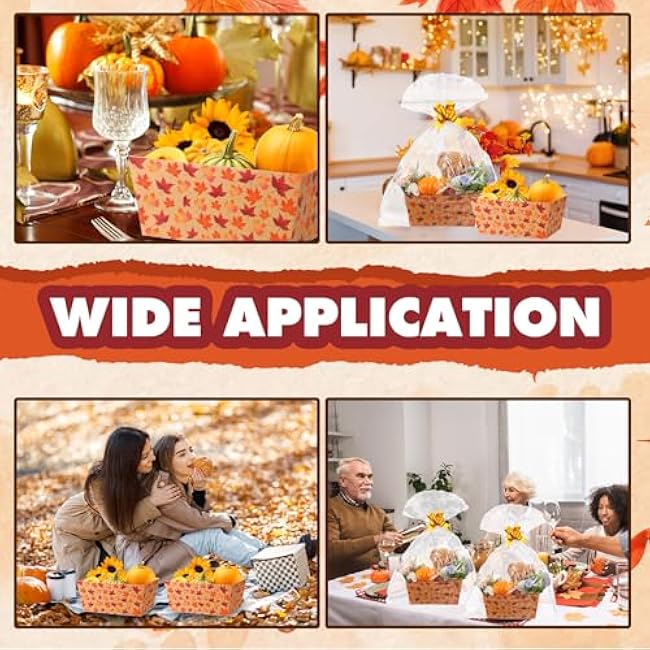 12 Pcs Fall Basket for Gifts Empty 9.8 x 6.5'' Maple Leaves Gift Basket Empty to Fill with Handles, Bows, Plastic Bags and Twist Ties for Autumn Thanksgiving Party Favor Supplies