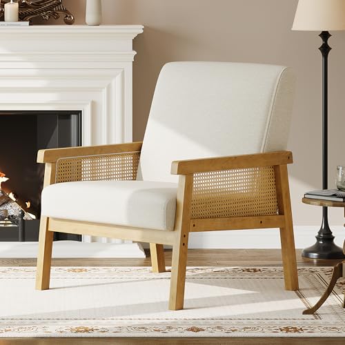 IDEALHOUSE Rattan Accent Chair Linen Armchair Upholstered Reading Chair with Wooden Frame and High Back Leisure Chairs for Living Room Bedroom Waiting Room Reception Beige