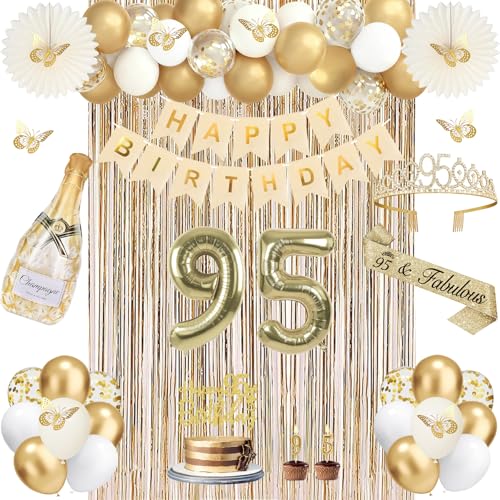 51Pcs 95th Birthday Decorations for Women Champagne Gold 95th Birthday Decorations with 95 Sash and Crown Banner Fringe Curtains Hanging Paper Fans 95 Year Old Party Supplies Set
