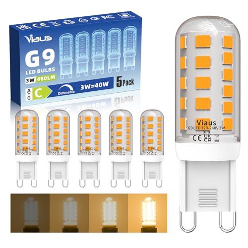 Viaus G9 LED Bulbs Dimmable 3W 480LM Warm White 3000K 40W Halogen Equivalent CRI80+ Energy Class C 15.5x51mm AC 220-240V No Flicker G9 Light Bulbs for Chandelier Pack of 5
